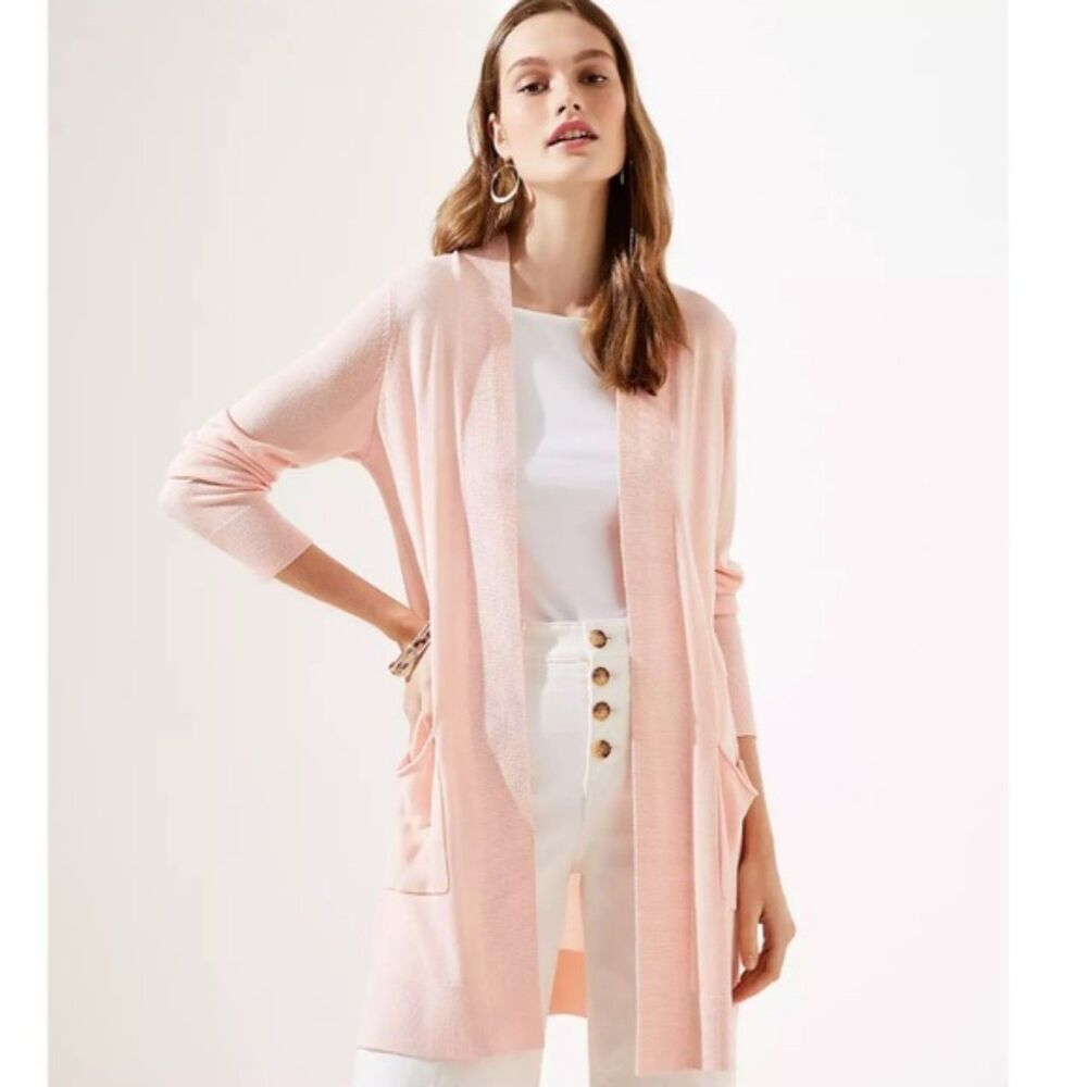 LOFT Pink Open Font Long Cardigan with Pockets Large